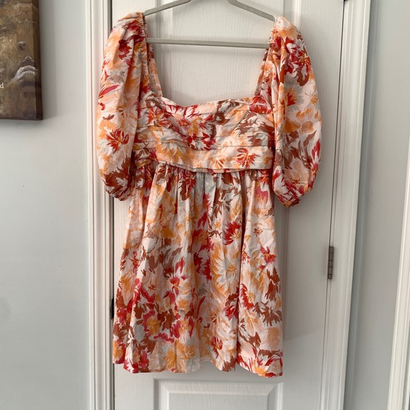 Abercrombie & Fitch Floral Puff Sleeve Mini Dress Orange Pink Ruched Smocked XL - Picture 2 of 9